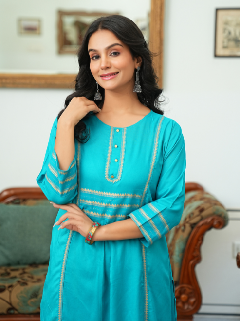 Rayon Gold Printed Straight Kurta & Palazzo Set (Teal)