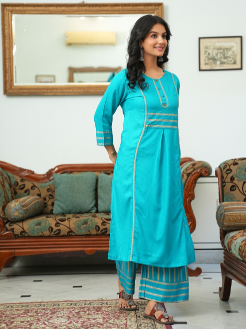 Rayon Gold Printed Straight Kurta & Palazzo Set (Teal)