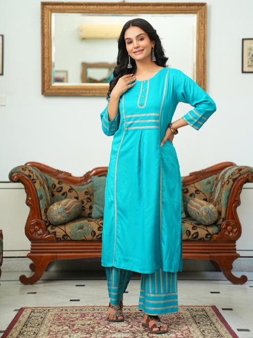 Rayon Gold Printed Straight Kurta & Palazzo Set (Teal)