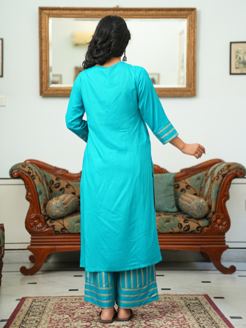 Rayon Gold Printed Straight Kurta & Palazzo Set (Teal)