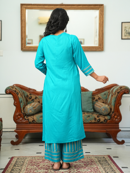Rayon Gold Printed Straight Kurta & Palazzo Set (Teal)
