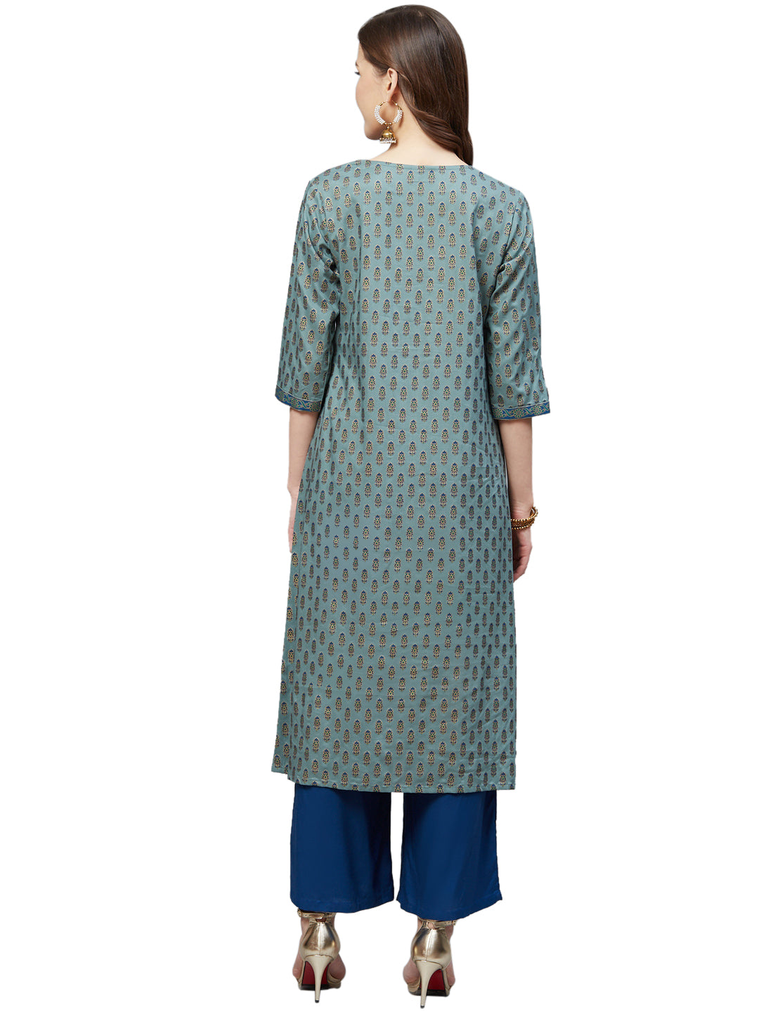 YASH GALLERY Women's Rayon Floral Printed Angrakha Style A-line Kurta & Palazoo Set (Mint Green)