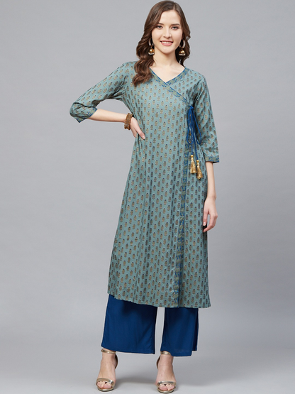 YASH GALLERY Women's Rayon Floral Printed Angrakha Style A-line Kurta & Palazoo Set (Mint Green)