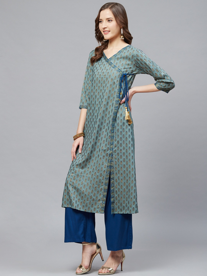 YASH GALLERY Women's Rayon Floral Printed Angrakha Style A-line Kurta & Palazoo Set (Mint Green)