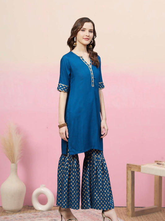 Rayon Gold Printed Straight Kurta & Sharara Set (Blue)