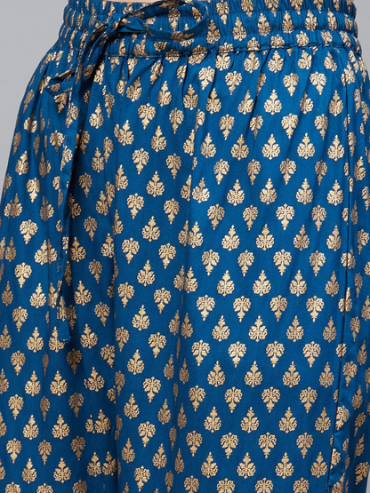 women rayon gold printed straight kurta sharara set blue