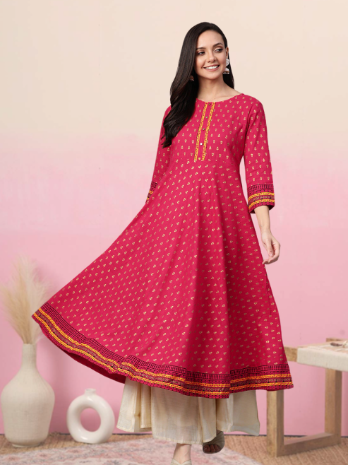 Cotton Slub Gold Printed Anarkali Kurta