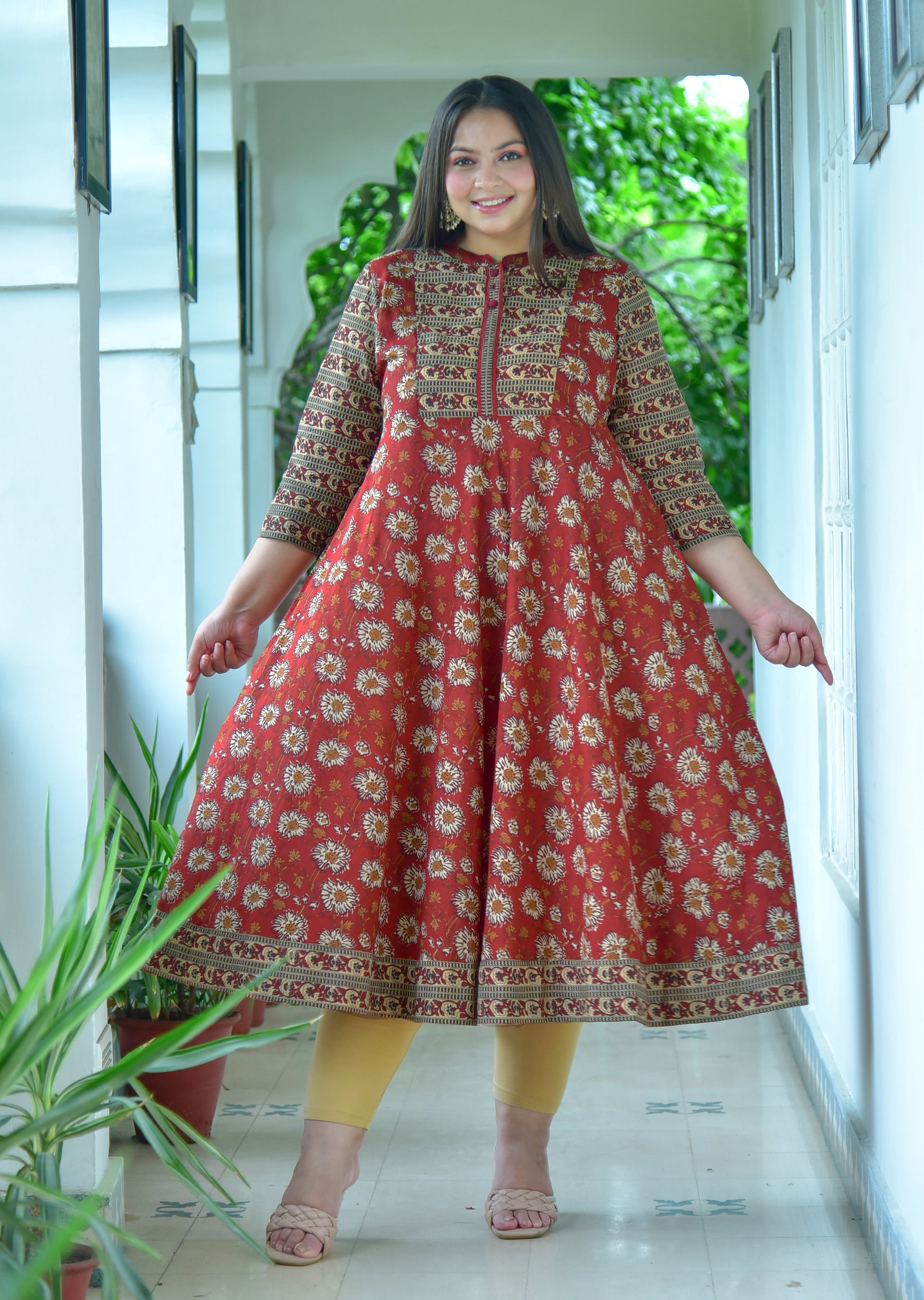 Yash Gallery Damen Anarkali Kurta - Baumwoll Blumendruck In Pink Mit 3/4 Ärmeln