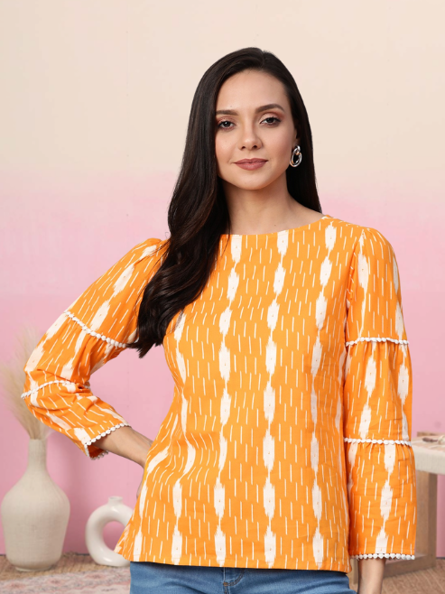 Cotton Regular Ikkat Printed Top (ORANGE)