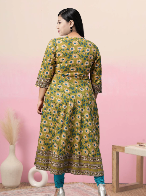 women cotton floral printed anarkali kurta green