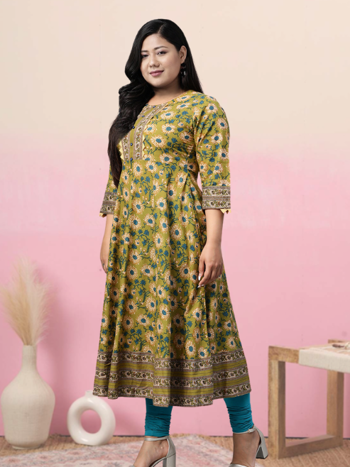 women cotton floral printed anarkali kurta green