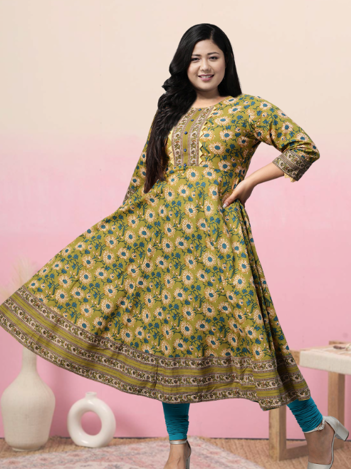 women cotton floral printed anarkali kurta green