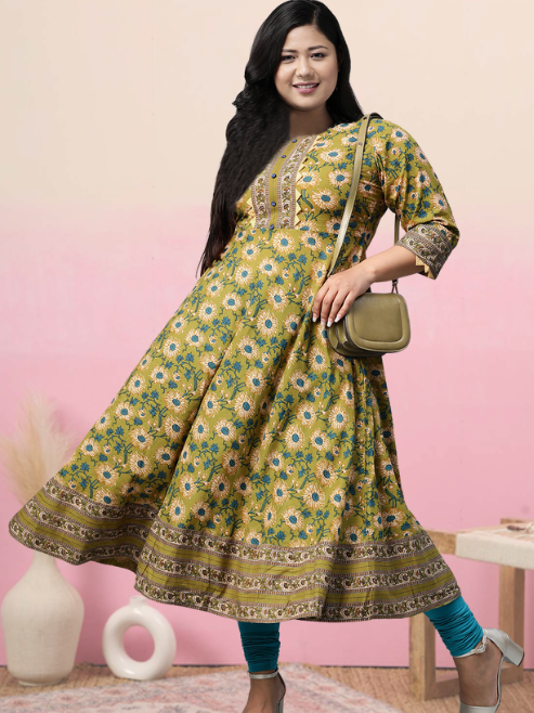 women cotton floral printed anarkali kurta green