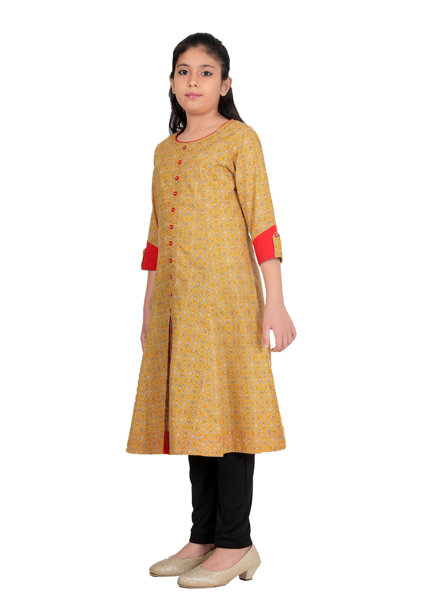 Yash Gallery Kids Cotton Floral Printed Anarkali Kurta (YELLOW)