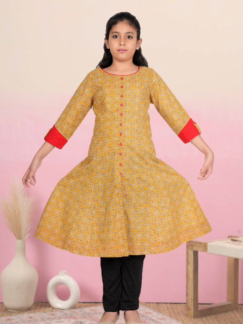 Yash Gallery Kids Cotton Floral Printed Anarkali Kurta (YELLOW)