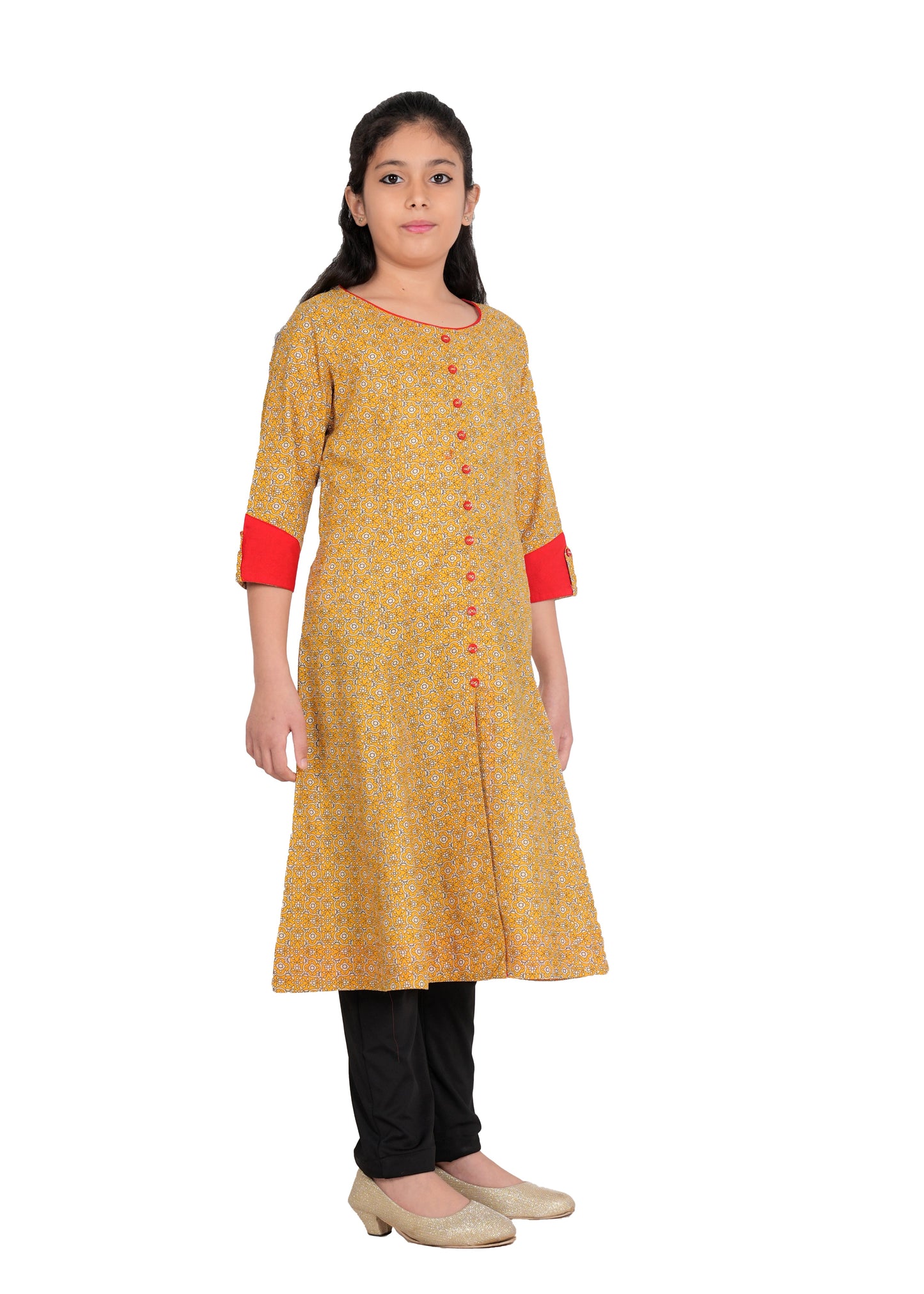 Yash Gallery Kids Cotton Floral Printed Anarkali Kurta (YELLOW)