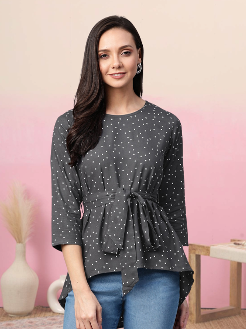 Rayon Polka Dot Printed Regular Top (GREY)