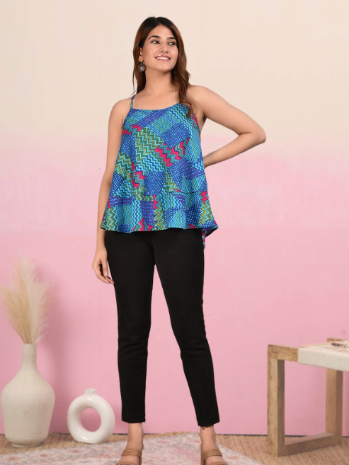 women spaghetti strap layered ruffled flared tank top multi