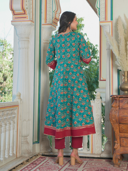 women kantha floral print anarkali kurta