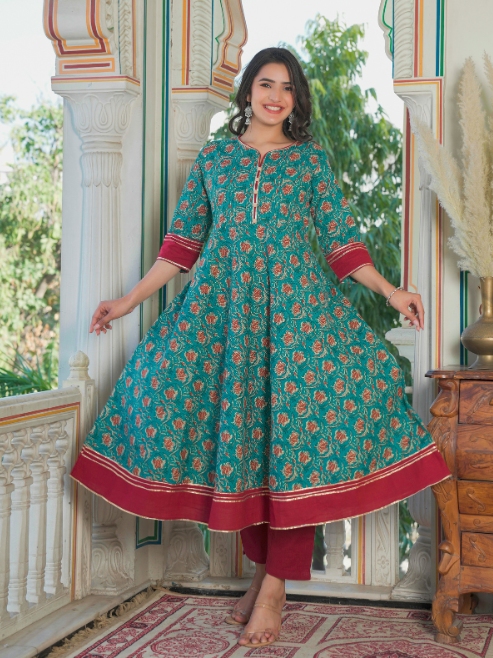 Kantha Floral Print Anarkali Kurta