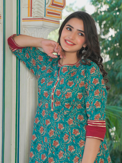 women kantha floral print anarkali kurta