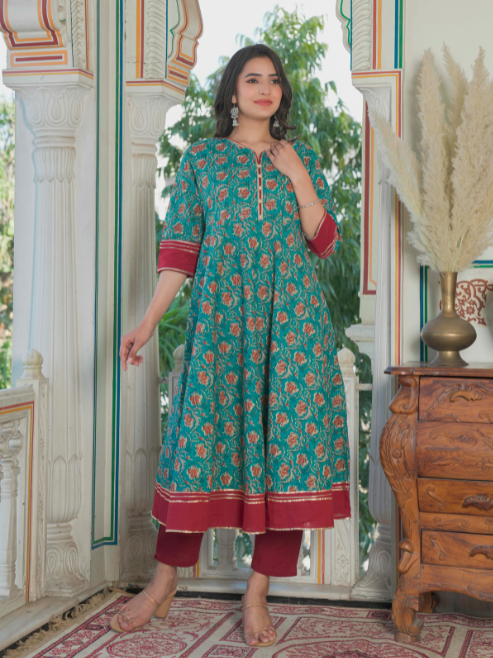women kantha floral print anarkali kurta