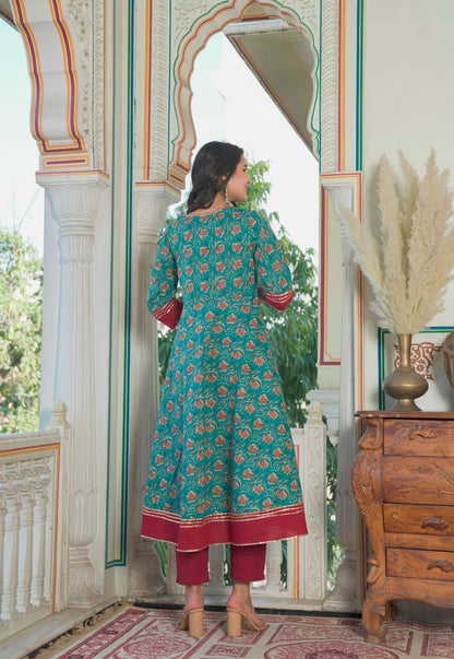 Kantha Floral Print Anarkali Kurta