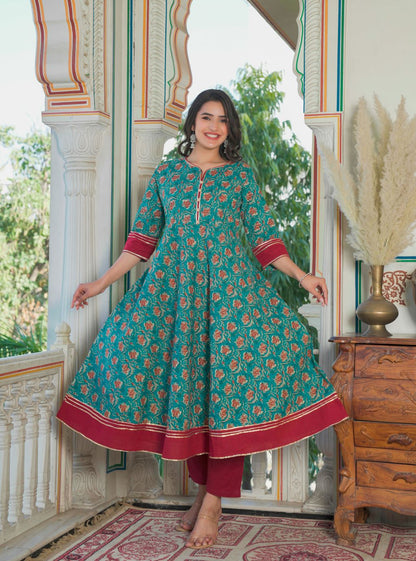 Kantha Floral Print Anarkali Kurta