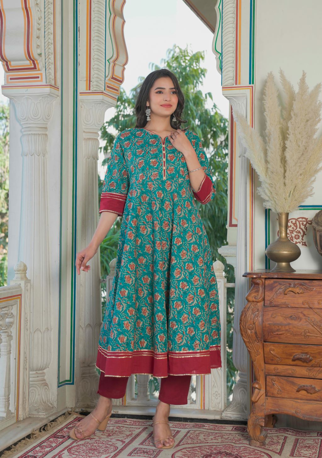 Kantha Floral Print Anarkali Kurta