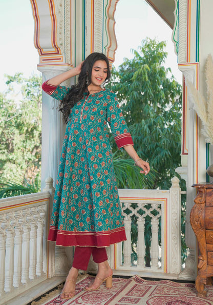 Kantha Floral Print Anarkali Kurta