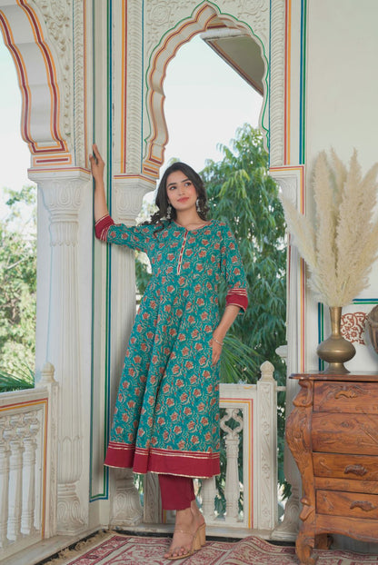 Kantha Floral Print Anarkali Kurta