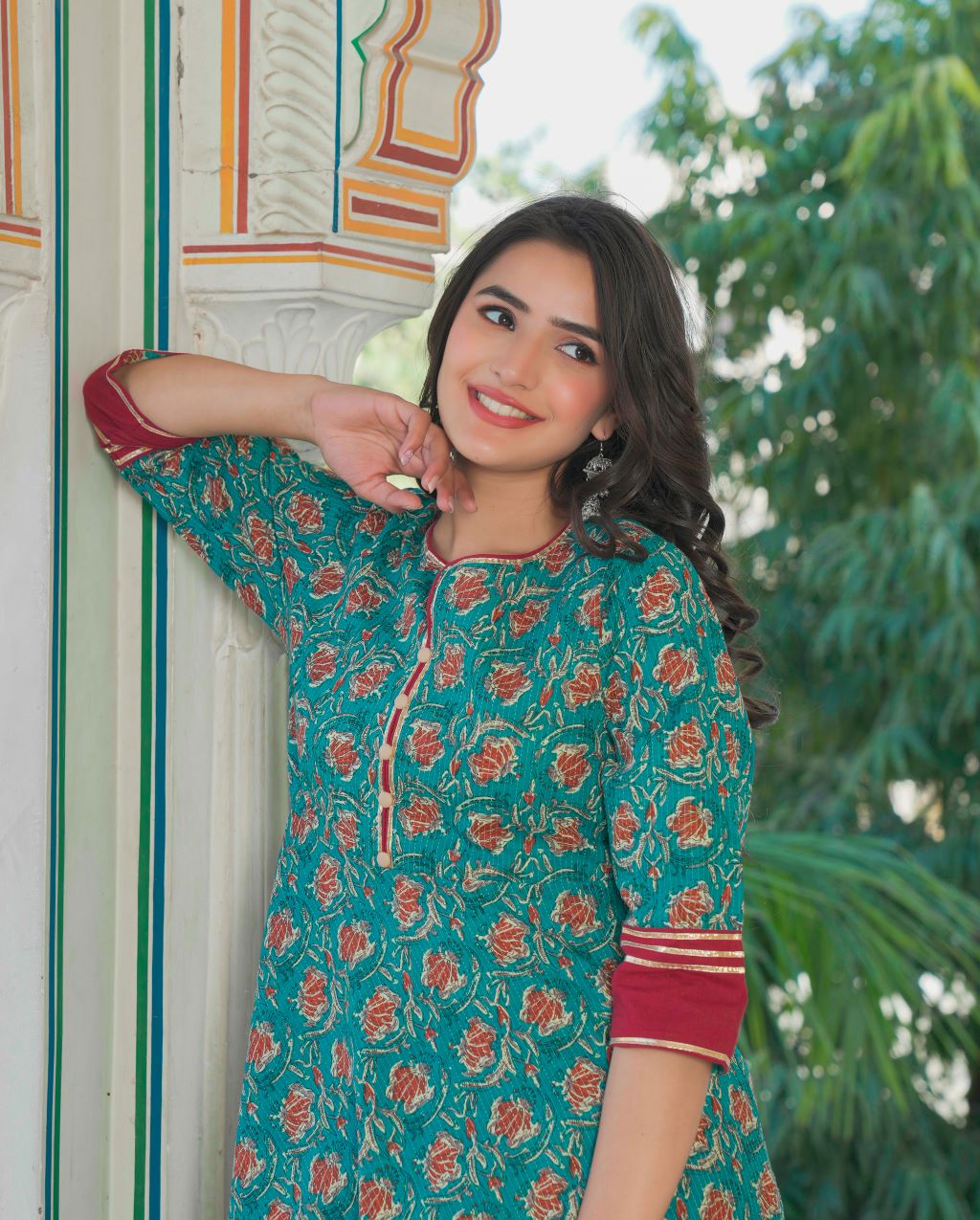 Kantha Floral Print Anarkali Kurta