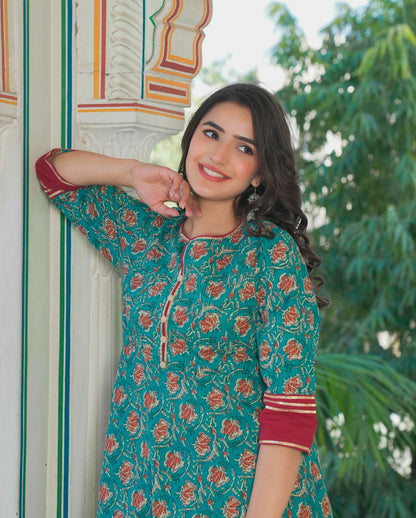 Kantha Floral Print Anarkali Kurta