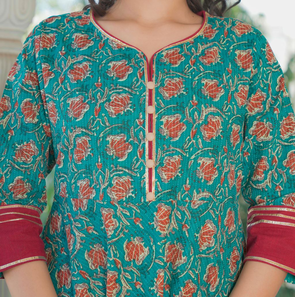 Kantha Floral Print Anarkali Kurta