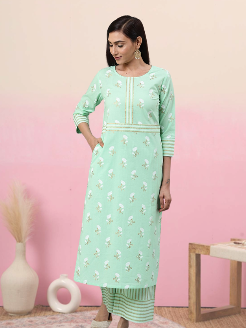 Cotton Green Floral & Stripe Straight Kurta & Palazzo Set (Green)