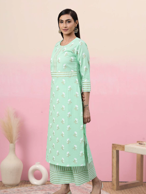 Cotton Green Floral & Stripe Straight Kurta & Palazzo Set (Green)