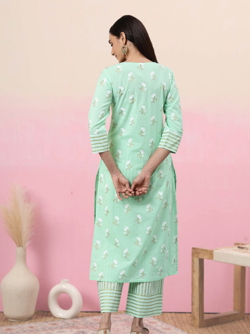 Cotton Green Floral & Stripe Straight Kurta & Palazzo Set (Green)