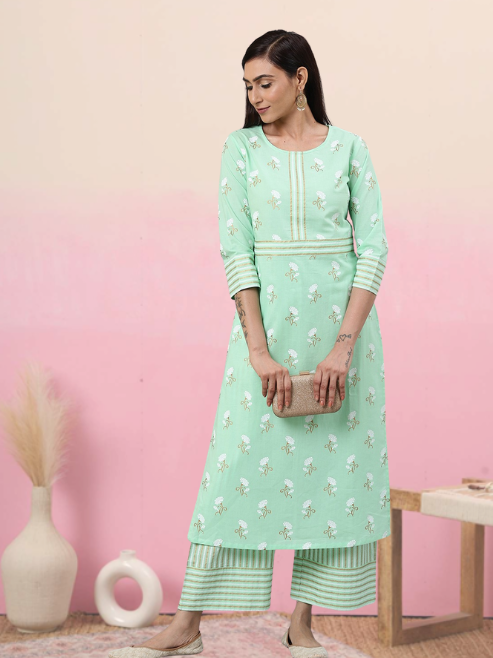 Cotton Green Floral & Stripe Straight Kurta & Palazzo Set (Green)
