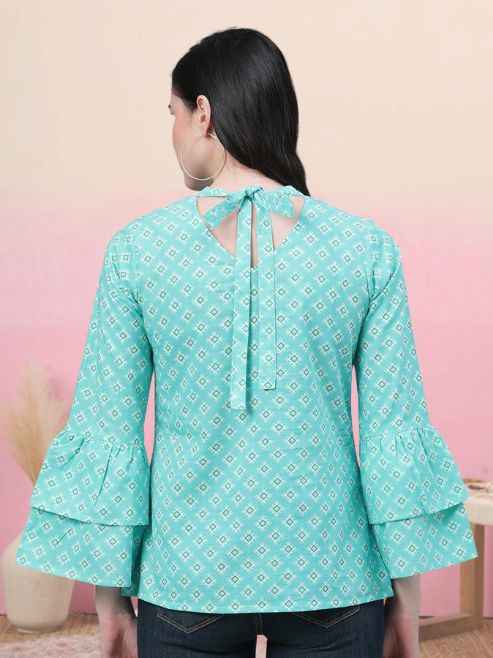 women geomatrical printed casual top sky blue