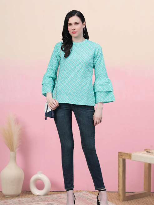 women geomatrical printed casual top sky blue