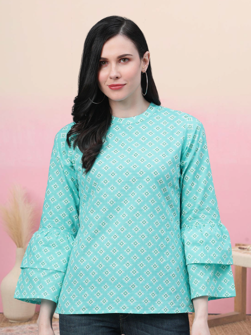 women geomatrical printed casual top sky blue