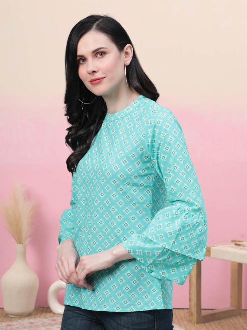 women geomatrical printed casual top sky blue