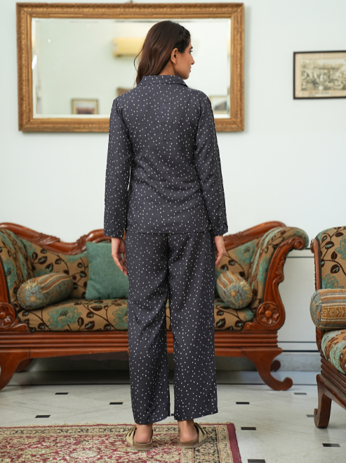 women polka dot printed night suit grey