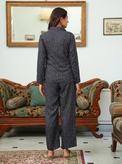 women polka dot printed night suit grey