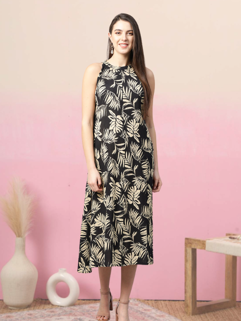 women hot neck leaf print a line dress