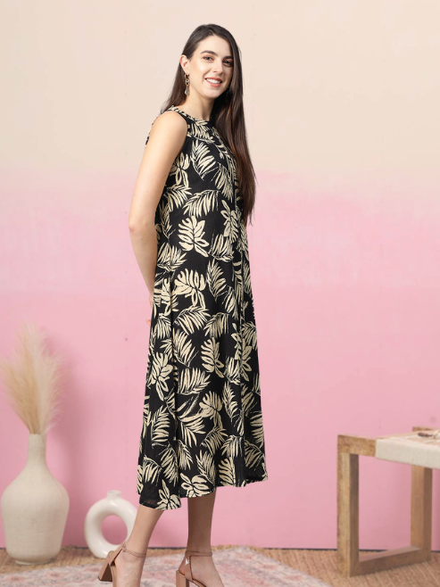 women hot neck leaf print a line dress