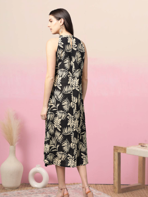 women hot neck leaf print a line dress