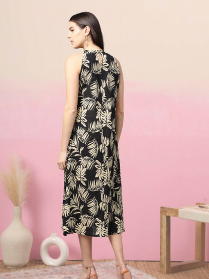 women hot neck leaf print a line dress