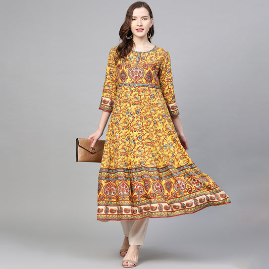 Rayon Floral Printed Anarkali Kurta (MUSTARD)