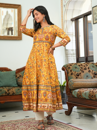 women rayon floral printed anarkali kurta mustard
